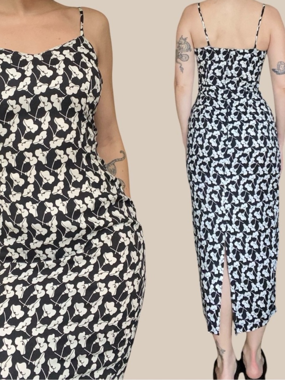 Vintage Paris blues Black and White Floral fitted maxi Dress - made in the USA